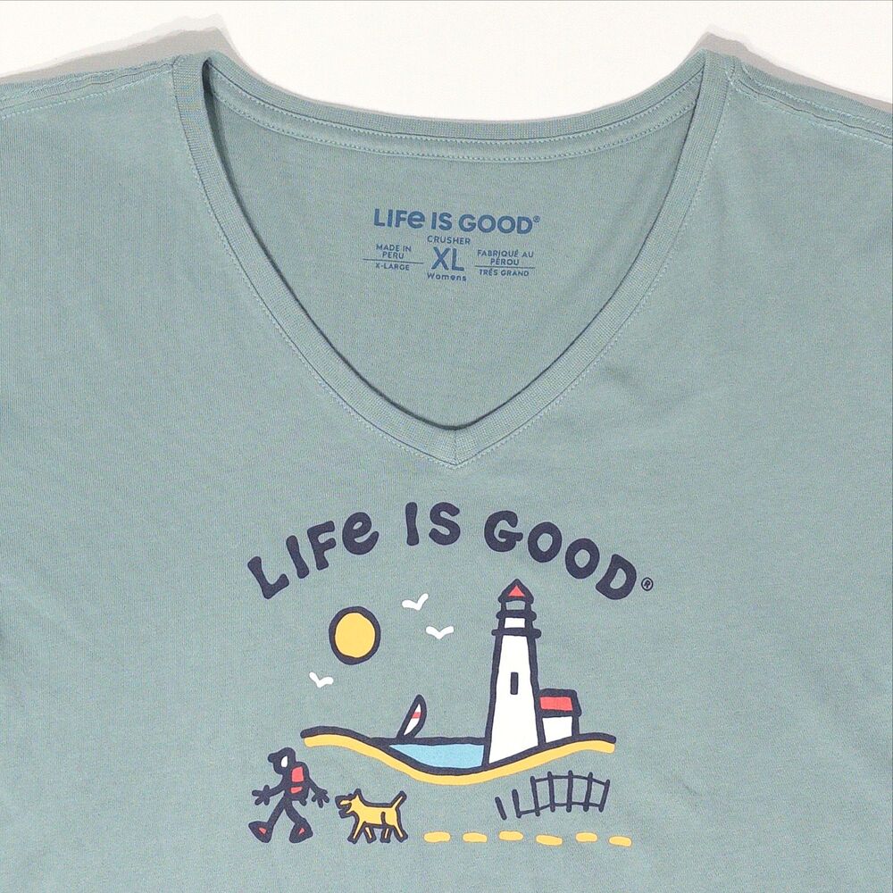 Life is Good Crusher Gray Green Blue LS V-Neck T-Shirt Dog Lighthouse Women XL
